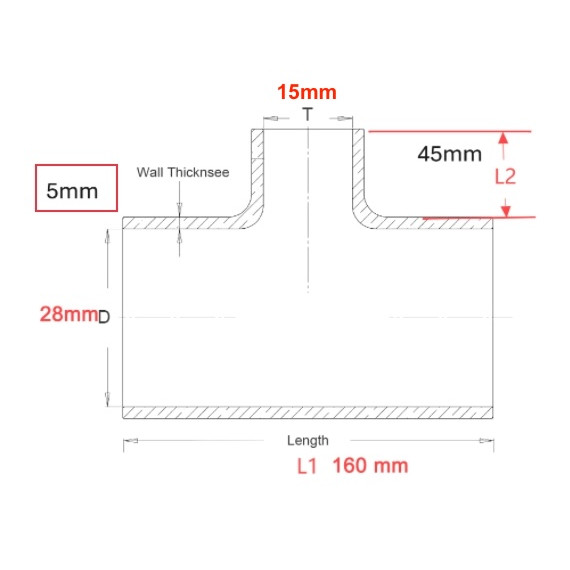 Tubo Riscaldamento Silicone Mercedes Citaro - Derivazione a T D28/15/28mm L160mm - Equivalente OEM A0029977274