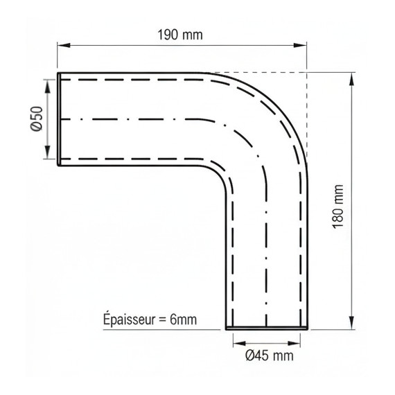 Manicotto Silicone Curva 90° Ø45/50mm - 190x180mm - 4 Strati VMQ Rinforzato