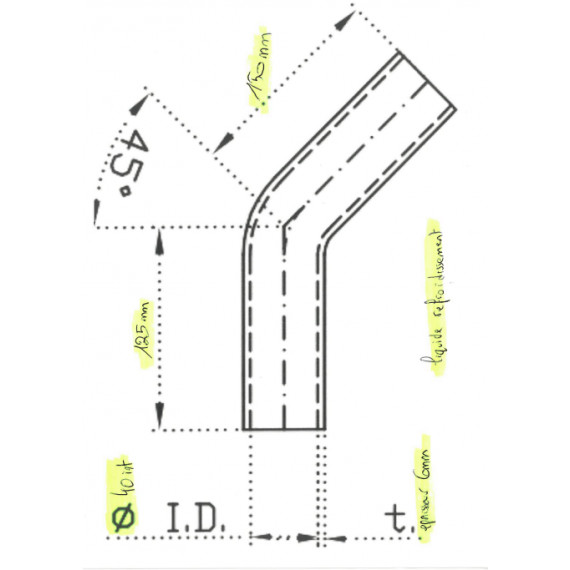 Tubo Silicone Curva 45° Ø40mm L1-125mm L2-150mm REDOX 5 Strati VMQ